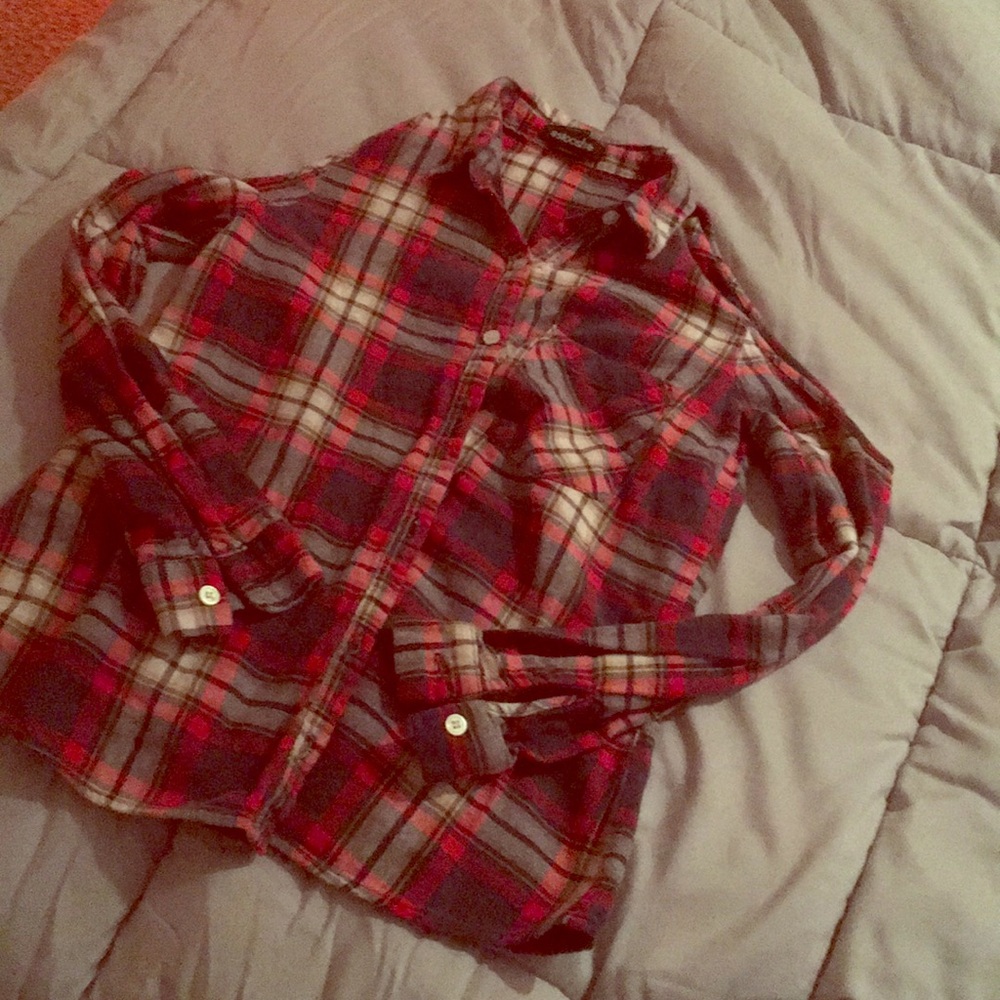 A scooped out shoulder medium flannel for women